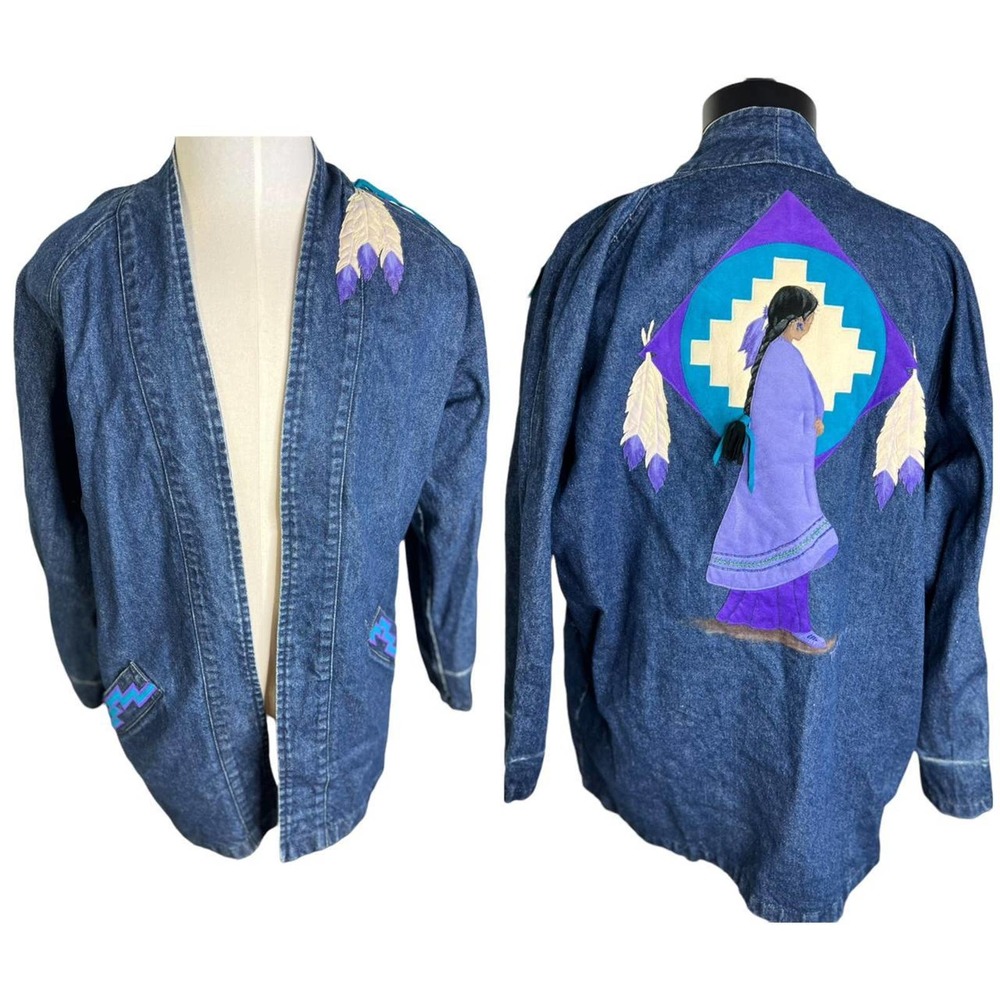Vintage Sundance Native American Figure Oversized Denim Jacket Tag Size Medium